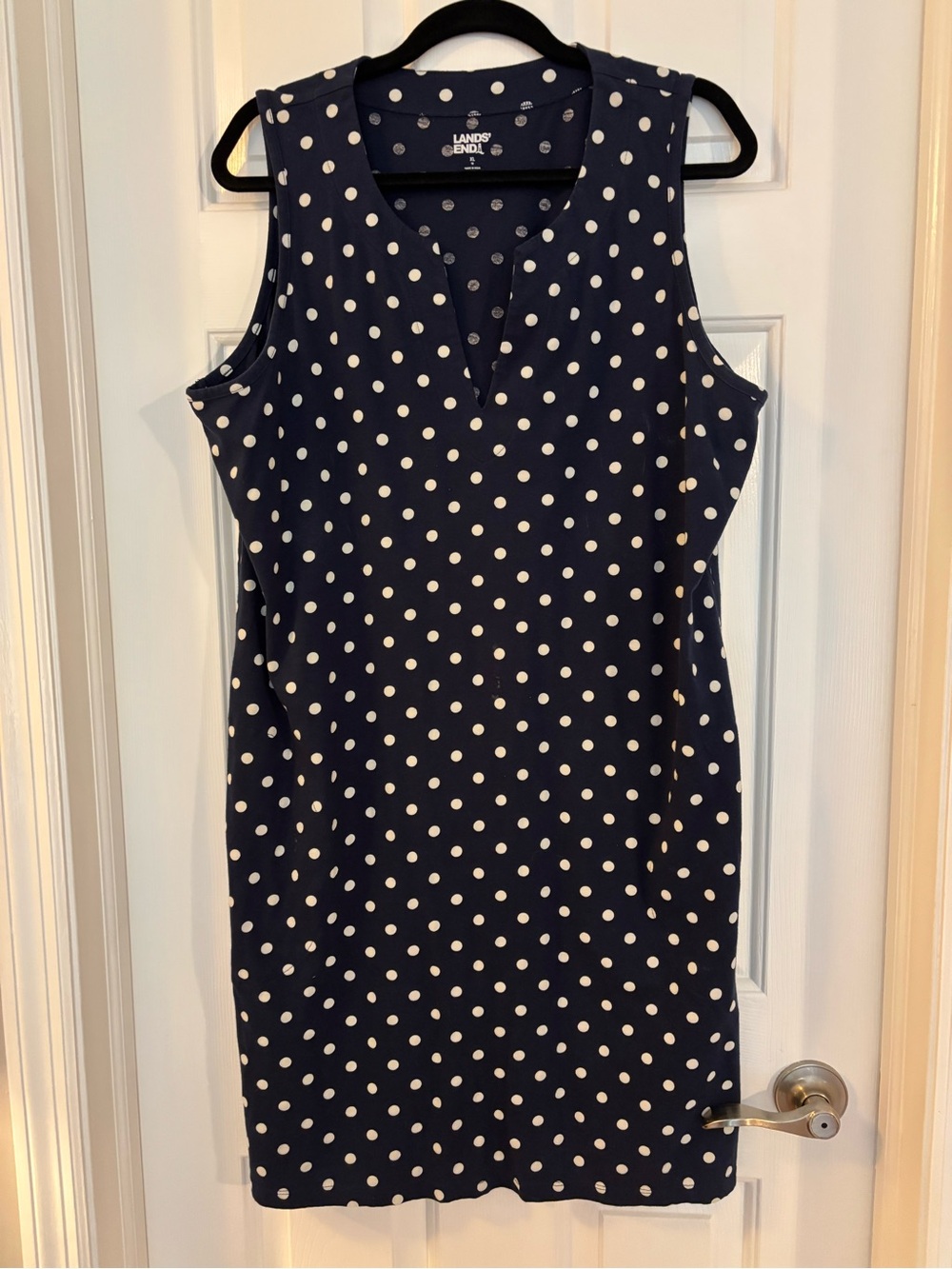 Lands' End Navy and Cream Polka Dot Sleeveless Shift Dress